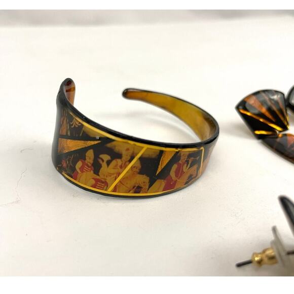 VTG John Crutchfield Earrings Bangle Metallic Art Graphics Gold Black 1990s - Picture 2 of 16
